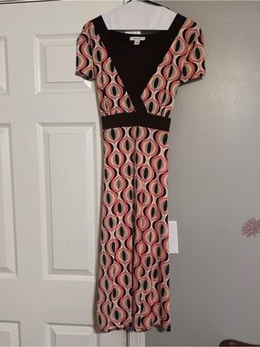 dressbarn Coral and Black Geometric Wrap Maxi Dress